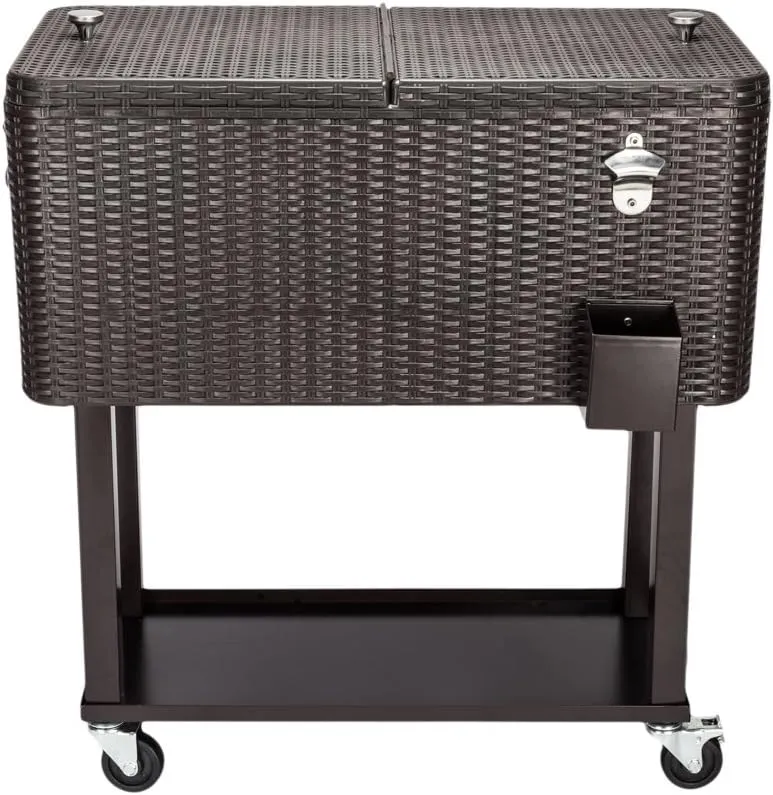 VINGLI 80 Quart Rolling Ice Chest on Wheels, Portable Patio Party Bar Drink Cooler Cart, with Shelf, Beverage Pool with Bottle Opener,Water Pipe