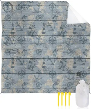 Vintage Anchors Beach Blanket Large with Stakes Waterproof Sandproof,Foldable Beach Mat with Corner Pockets for Outdoor Travel Camping Hiking Picnic Essentials,Sea Ocean Light-House Fish Maps 95"x80"