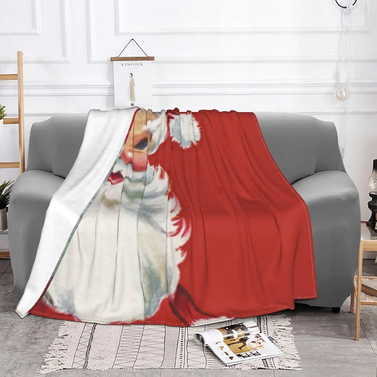 Vintage Christmas, Jolly Santa Claus Winking 60"X50" Flannel Blanket - 100% Soft Polyester, Lightweight and Warm, Suitable for Families, Camping, Travel