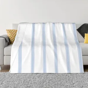 Vintage French Ticking Stripe Pattern Blue White 60"X50" Flannel Blanket - 100% Soft Polyester, Lightweight and Warm, Suitable for Families, Camping, Travel