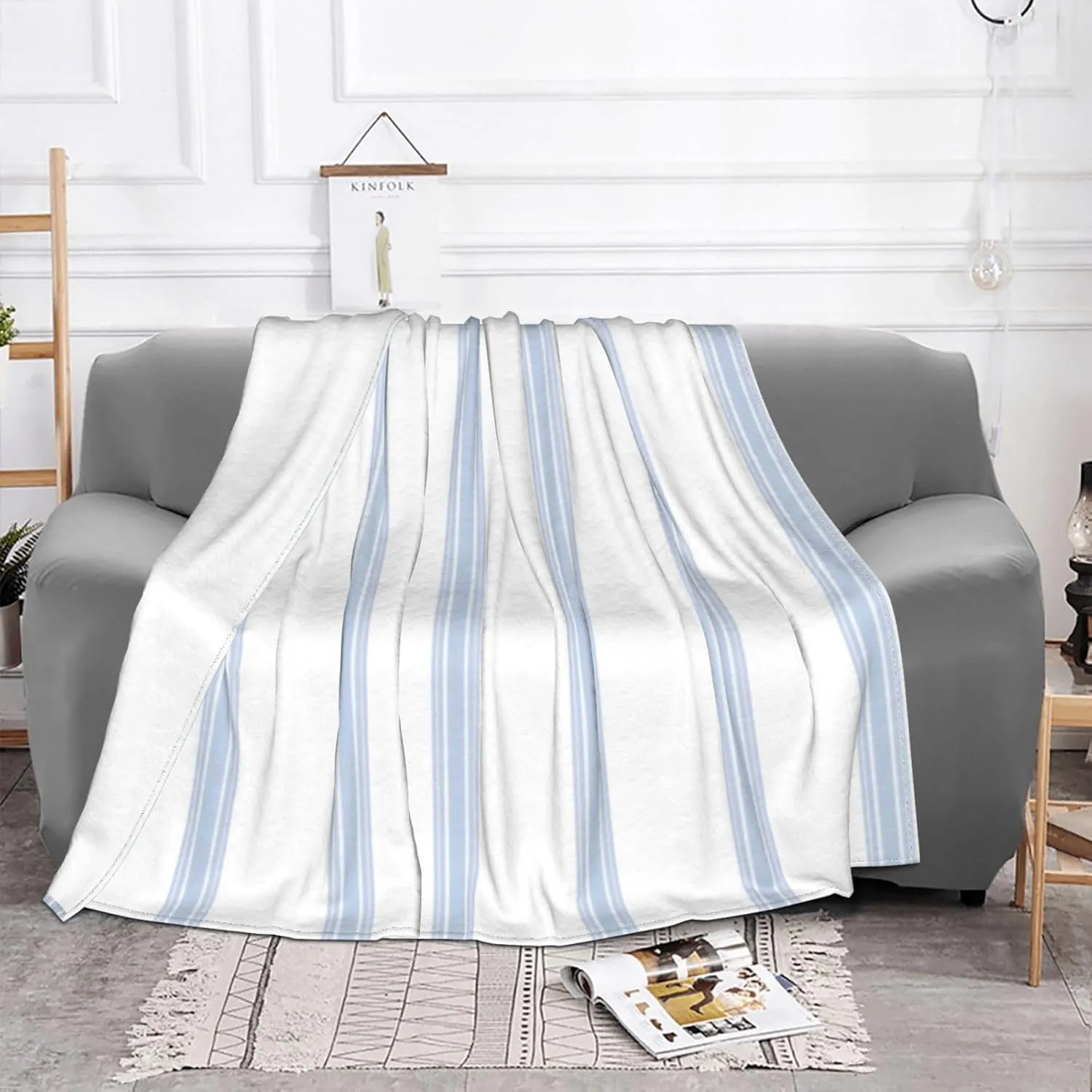 Vintage French Ticking Stripe Pattern Blue White 60"X50" Flannel Blanket - 100% Soft Polyester, Lightweight and Warm, Suitable for Families, Camping, Travel