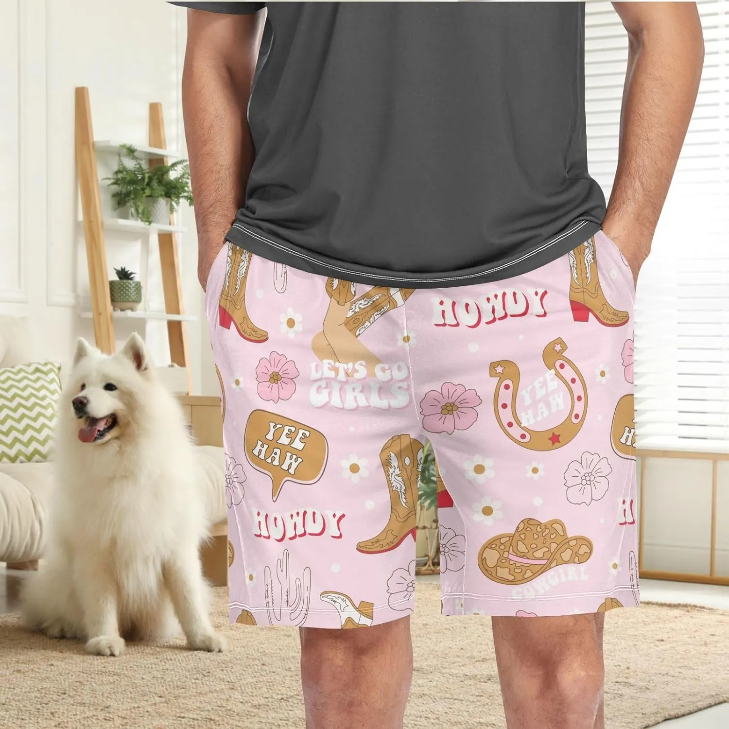 visesunny Men's Pajama Shorts Summer Boot Horseshoe Hat Cactus Soft Sleep Shorts for Men Pjs Bottoms pants with Pockets