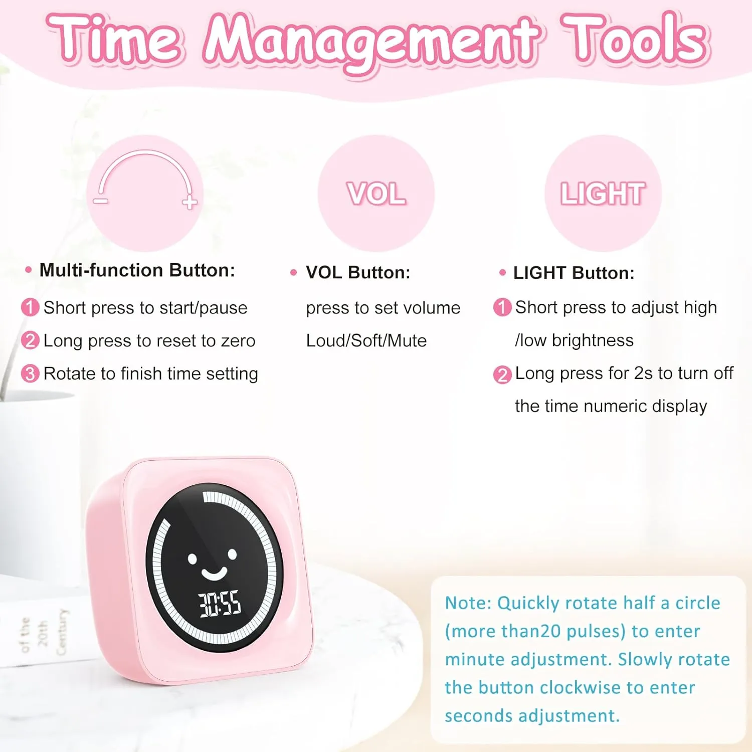 Visual Timer for Kids, 99 Minute Digital Cute Kids Visual Timer Classroom Timer for Homeschool Supplies Study Teaching Time Management Tool Countdown Count Up Timer, Pink