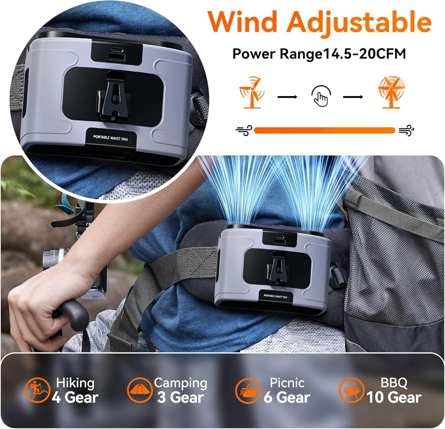 Waist Fan, Portable USB Rechargeable Cooler Fan - Hand Free, 10000mAh Battery Lasts 6-32 Hours