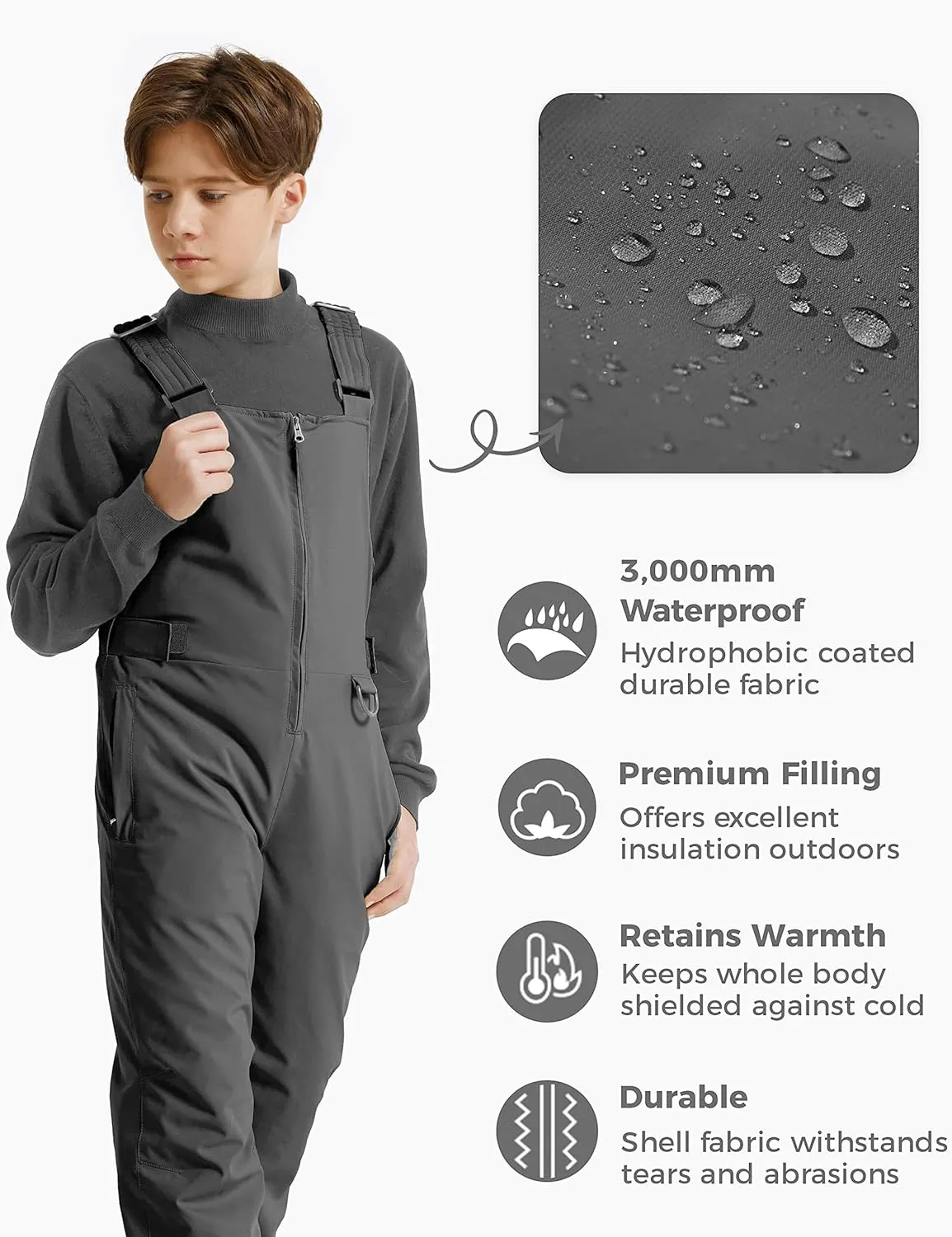 Wantdo Boy's Waterproof Ski Bibs Warm Snow Pants Snowboarding Overall Insulated Outdoor Jumpsuit
