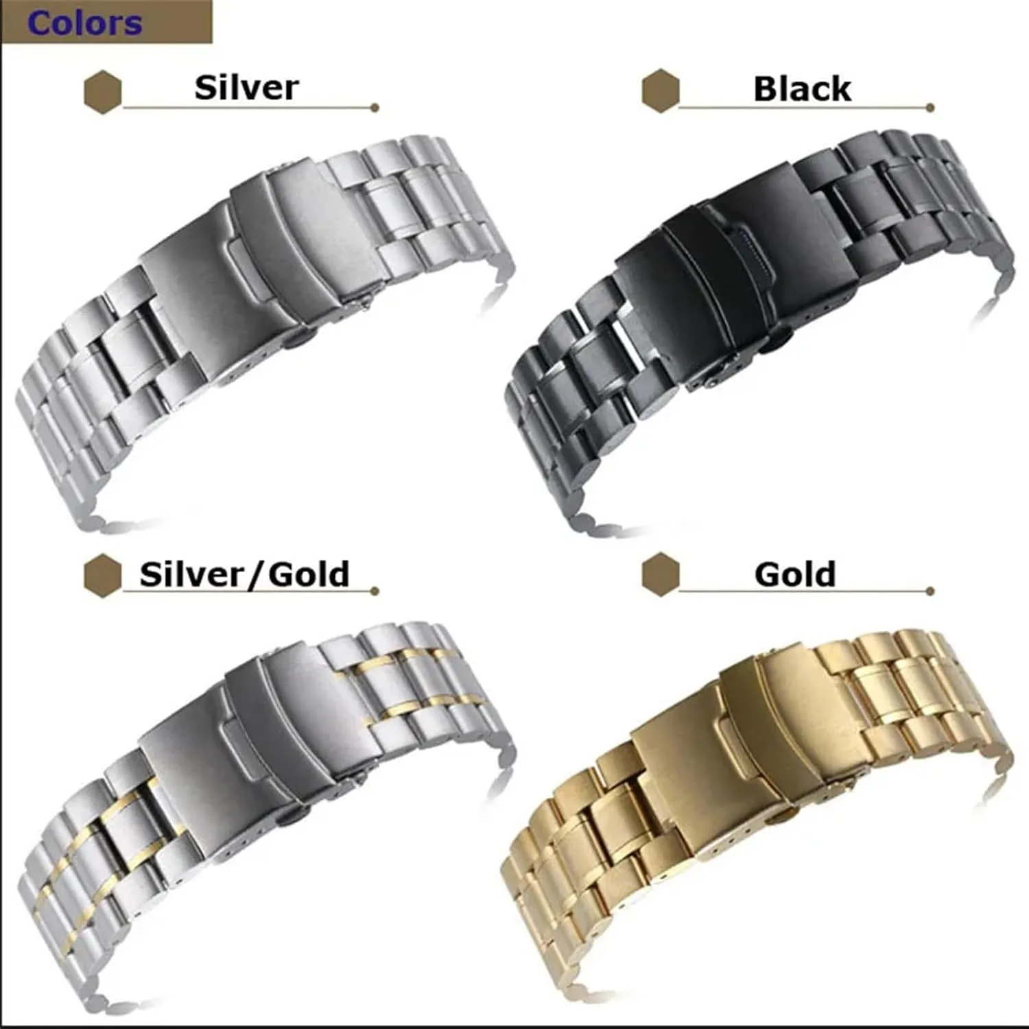 Watch Band 18mm 20mm 22mm 24mm Replacement Watch Strap Stainless Steel Double Lock Buckle Band Wristband Belt Bracelet
