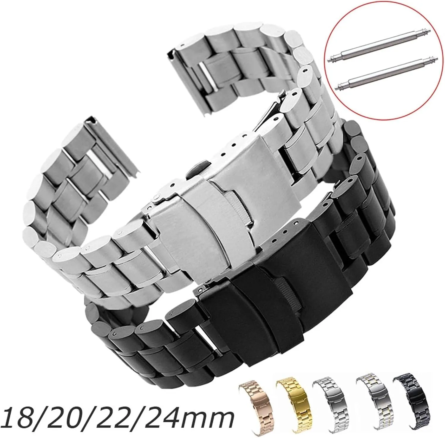 Watch Band 18mm 20mm 22mm 24mm Replacement Watch Strap Stainless Steel Double Lock Buckle Band Wristband Belt Bracelet