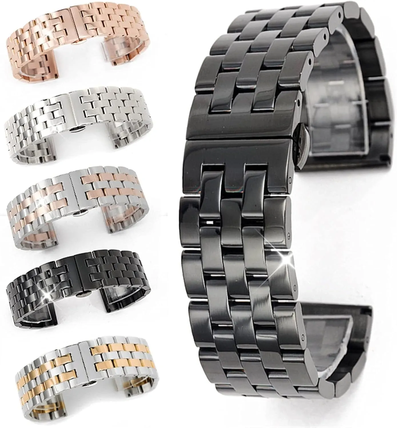 Watch Strap 20mm, 22mm, 24mm, 26mm Black/silver Stainless Steel Quick Release Solid Link Metal Strap Men's And Women's Business Watches