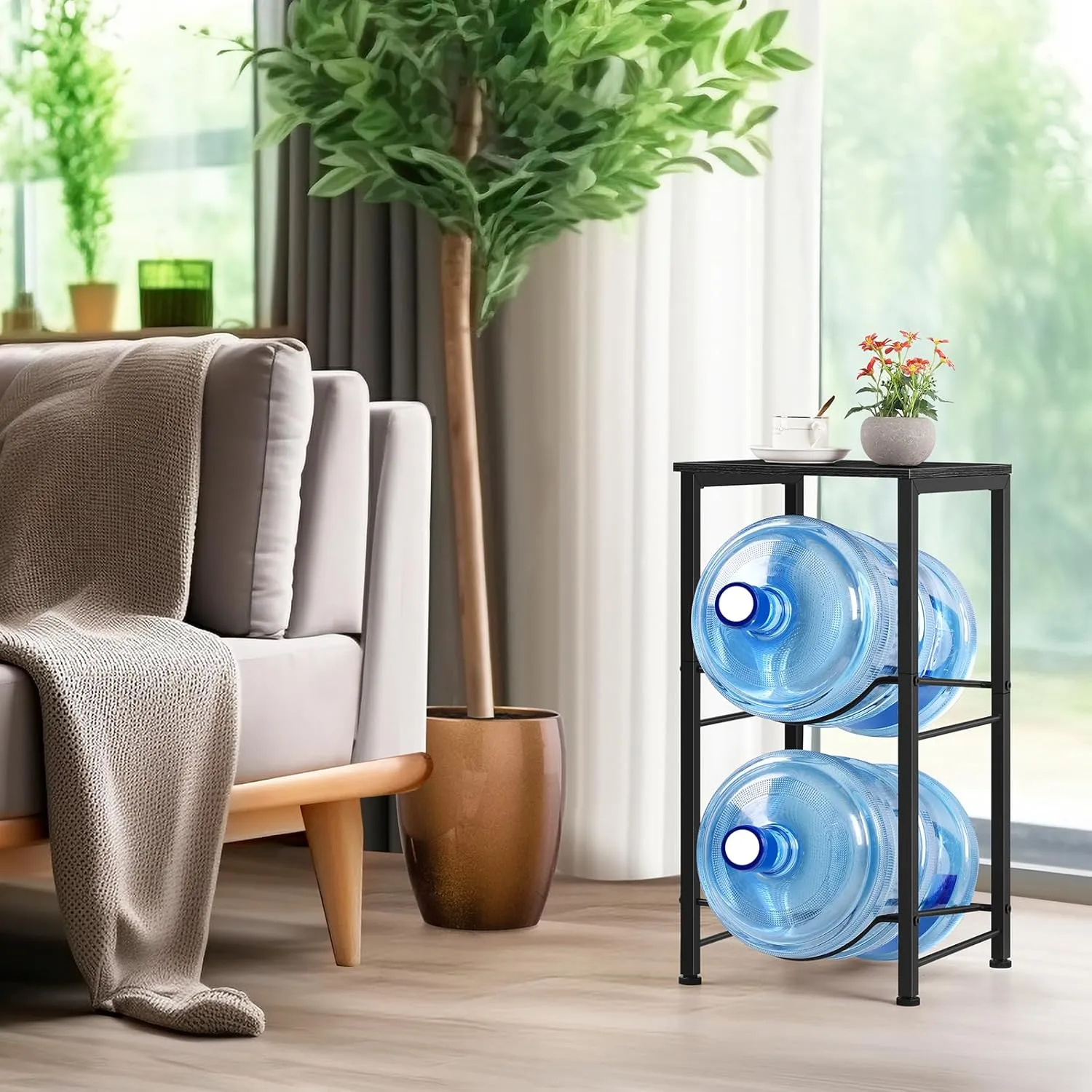 Water Jug Holder 5 Gallon Water Bottle Holder with Top Shelve 2 Tier Water Cooler Storage Rack Heavy Duty Water Dispenser Stand for Kitchen Living Room Office Black