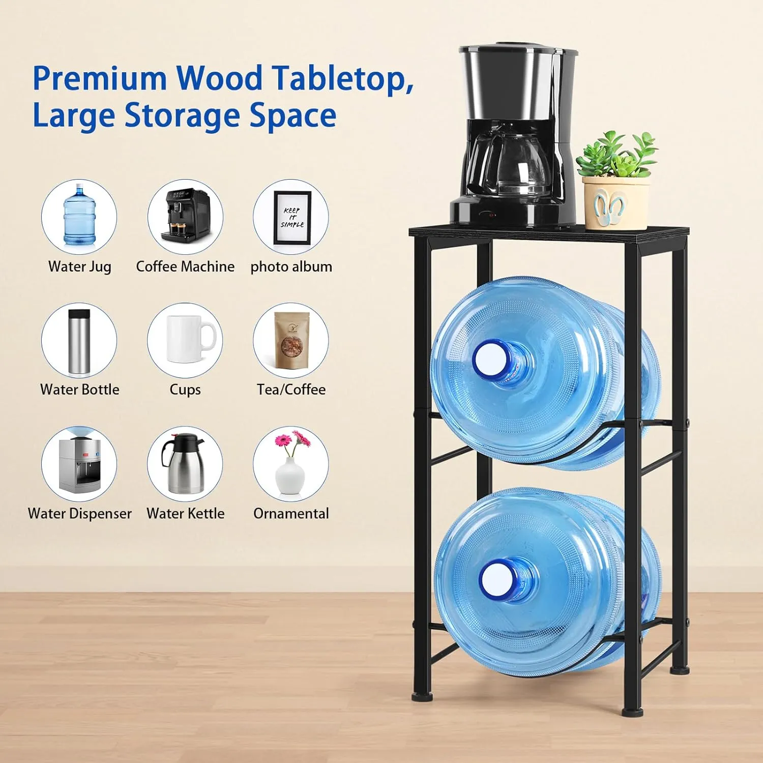 Water Jug Holder 5 Gallon Water Bottle Holder with Top Shelve 2 Tier Water Cooler Storage Rack Heavy Duty Water Dispenser Stand for Kitchen Living Room Office Black