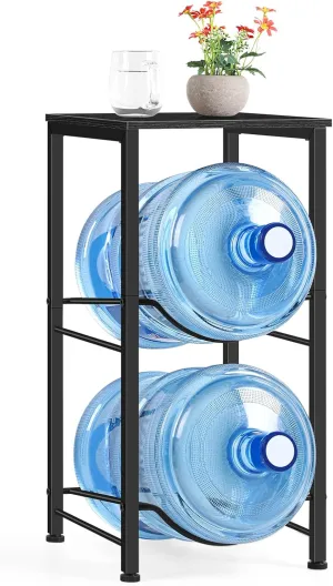 Water Jug Holder 5 Gallon Water Bottle Holder with Top Shelve 2 Tier Water Cooler Storage Rack Heavy Duty Water Dispenser Stand for Kitchen Living Room Office Black