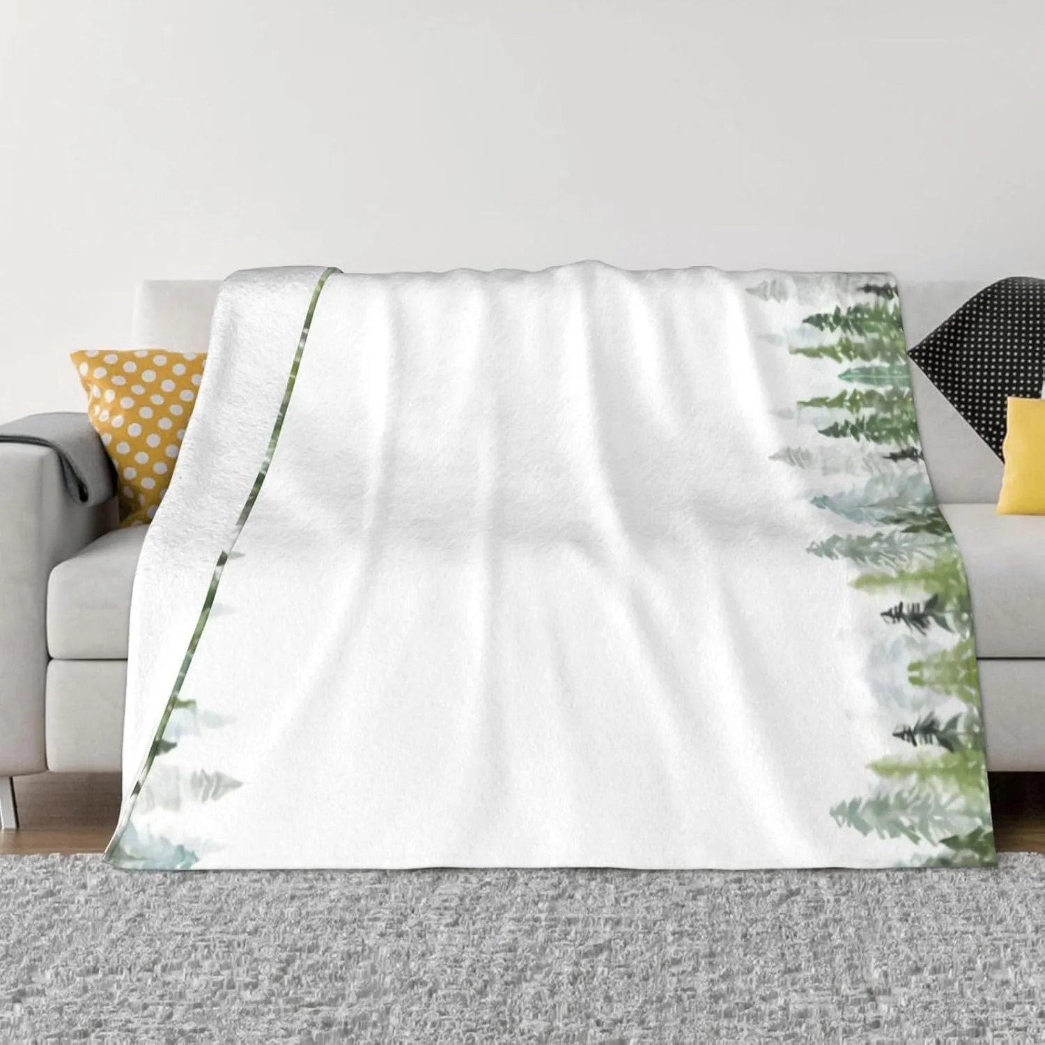 Watercolor Pine Trees 60"X50" Flannel Blanket - 100% Soft Polyester, Lightweight and Warm, Suitable for Families, Camping, Travel