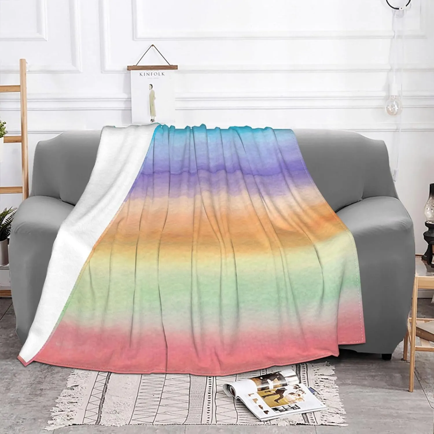 Watercolor Rainbow Light 60"X50" Flannel Blanket - 100% Soft Polyester, Lightweight and Warm, Suitable for Families, Camping, Travel