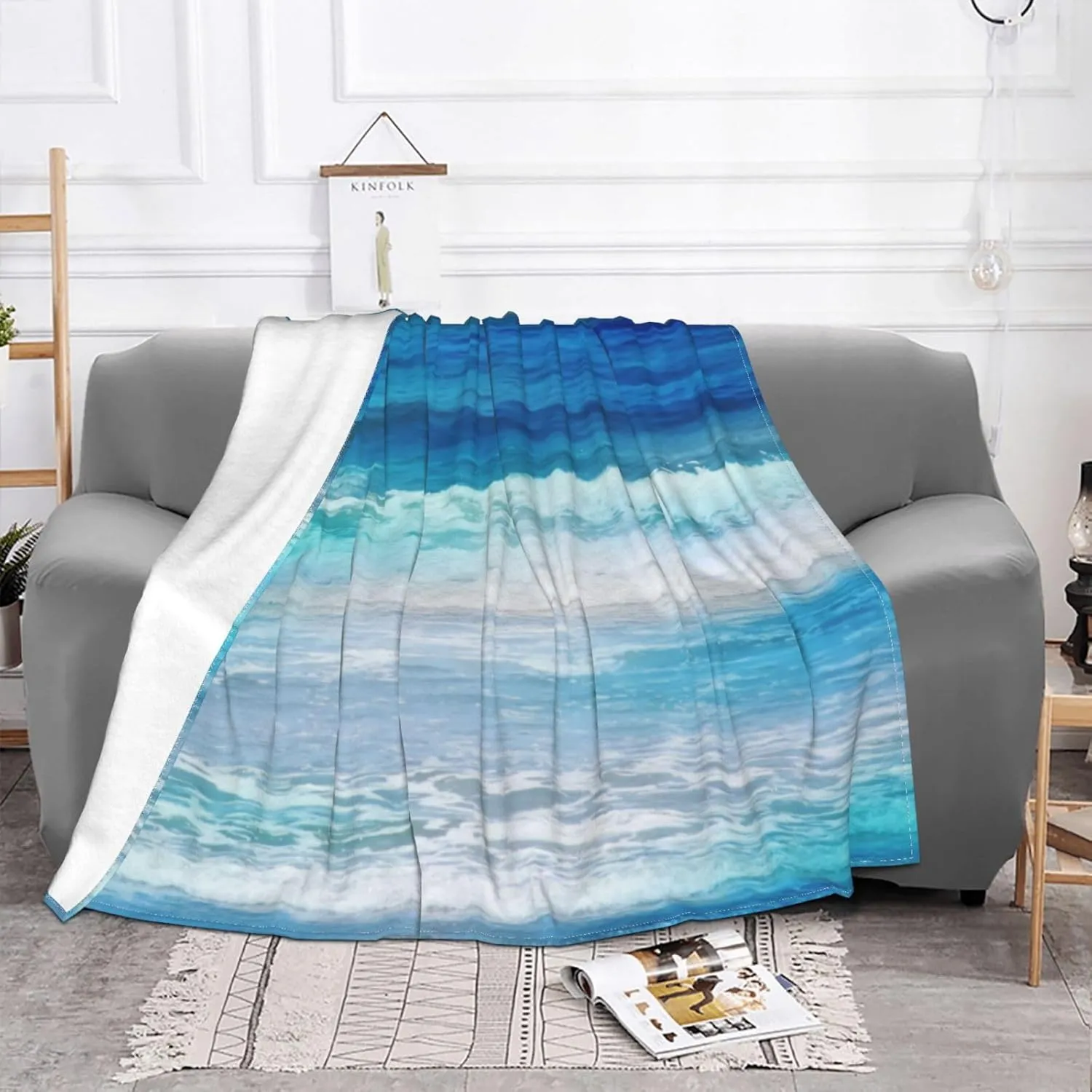 Watercolor Waves 60"X50" Flannel Blanket - 100% Soft Polyester, Lightweight and Warm, Suitable for Families, Camping, Travel