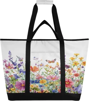 Watercolor Wildflower Reusable Insulated Cooler Bag with Ice Pack Compartment - Large 240L Waterproof Thermal Grocery Tote for Picnic Beach Camping Lunch Storage