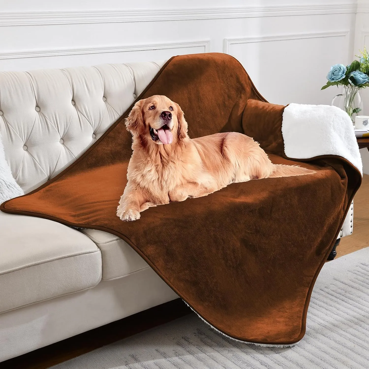 Waterproof Blanket for Bed Couch Sofa, Soft Liquid Pee Proof Pet Blanket for Dog Puppy Cat, Reversible Sherpa Fleece Furniture Protector (Caramel, 50x60 inches)