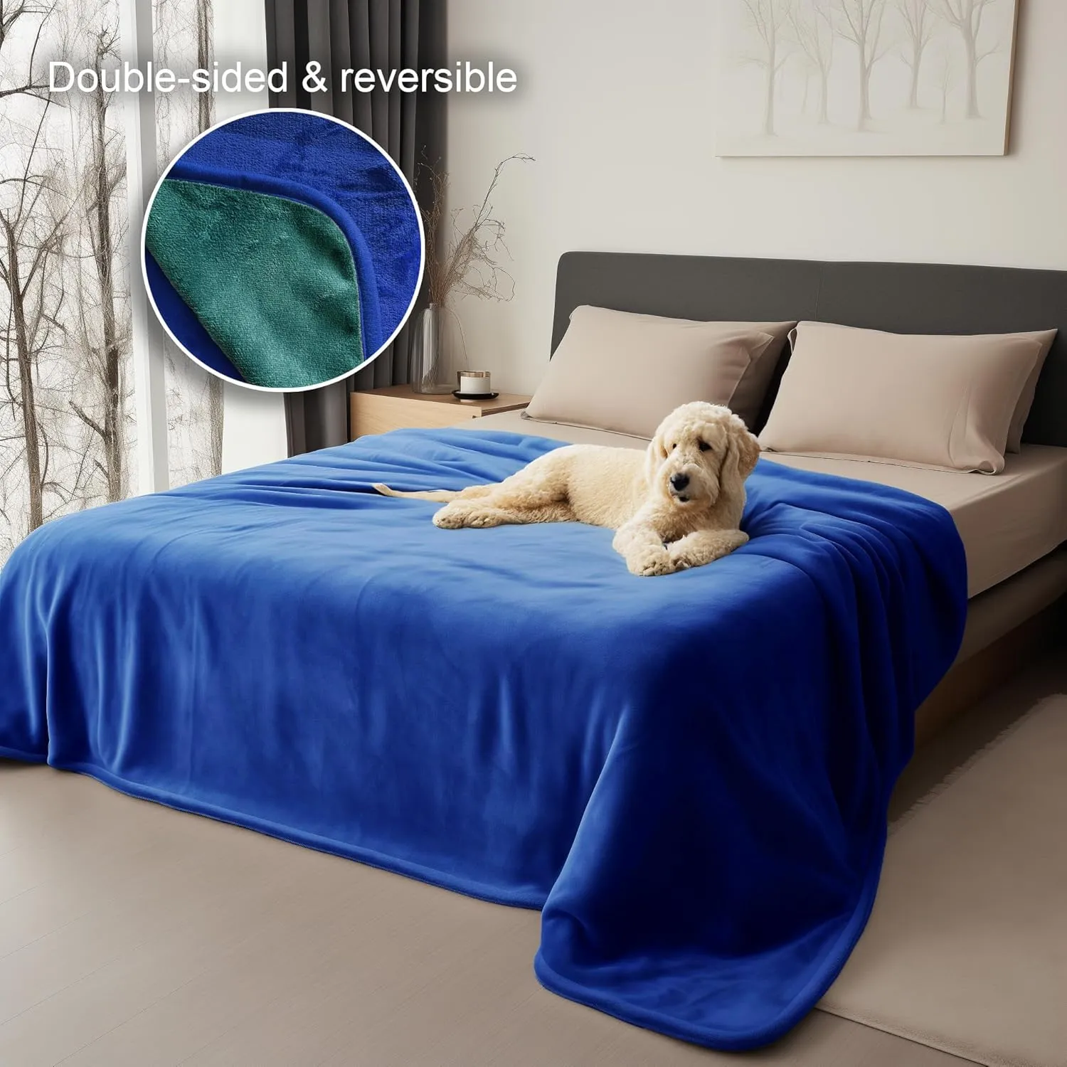 Waterproof Blanket Queen Size, Water Resistant, Water Proof, Stain Proof, Leakproof & Spill-Proof Flannel (Navy Blue & Abyss Green, 80x90)