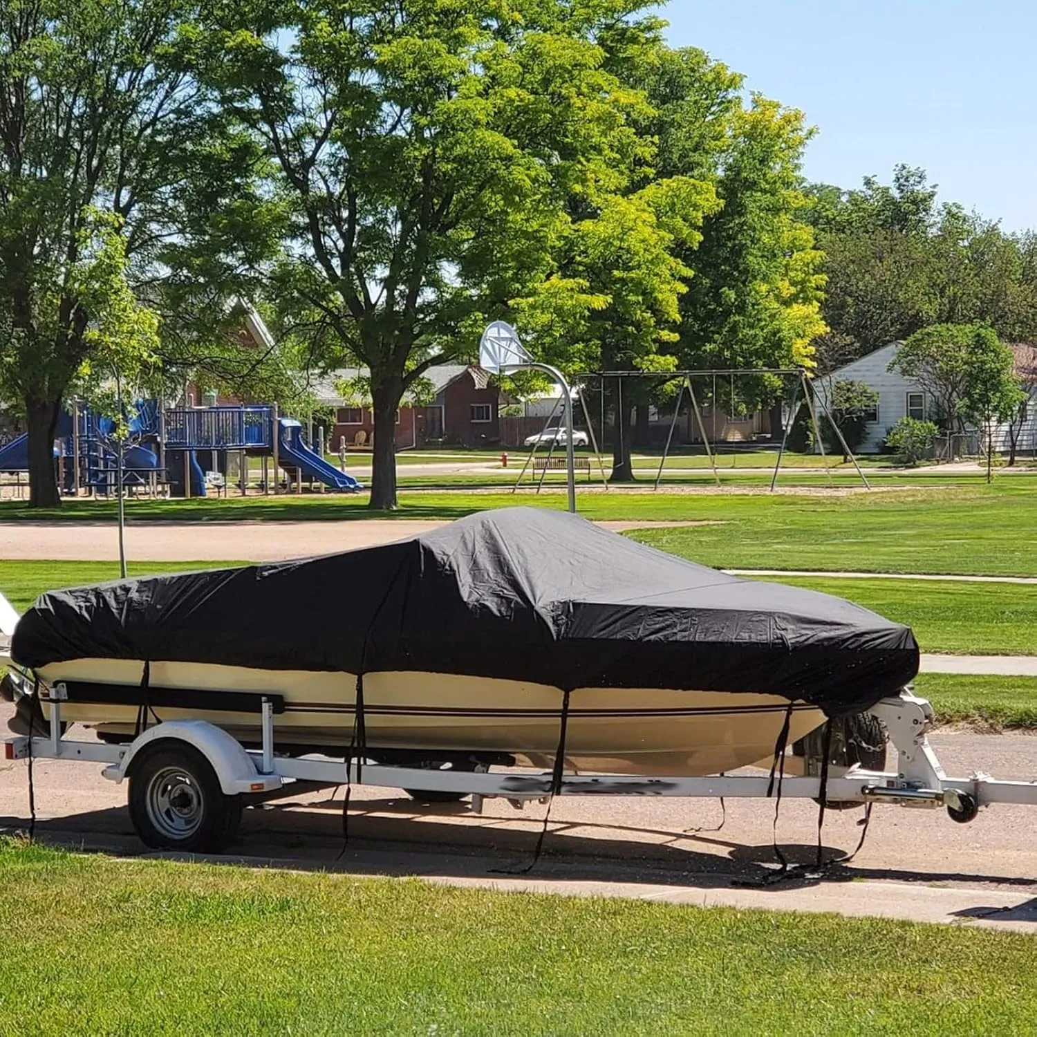 Waterproof Boat Cover, Heavy Duty 600D Marine Grade Oxford Waterproof Durable Tear Proof Boat Cover UV Resistant Cover, for V Hull, Fishing Boat,Black,25to27FT