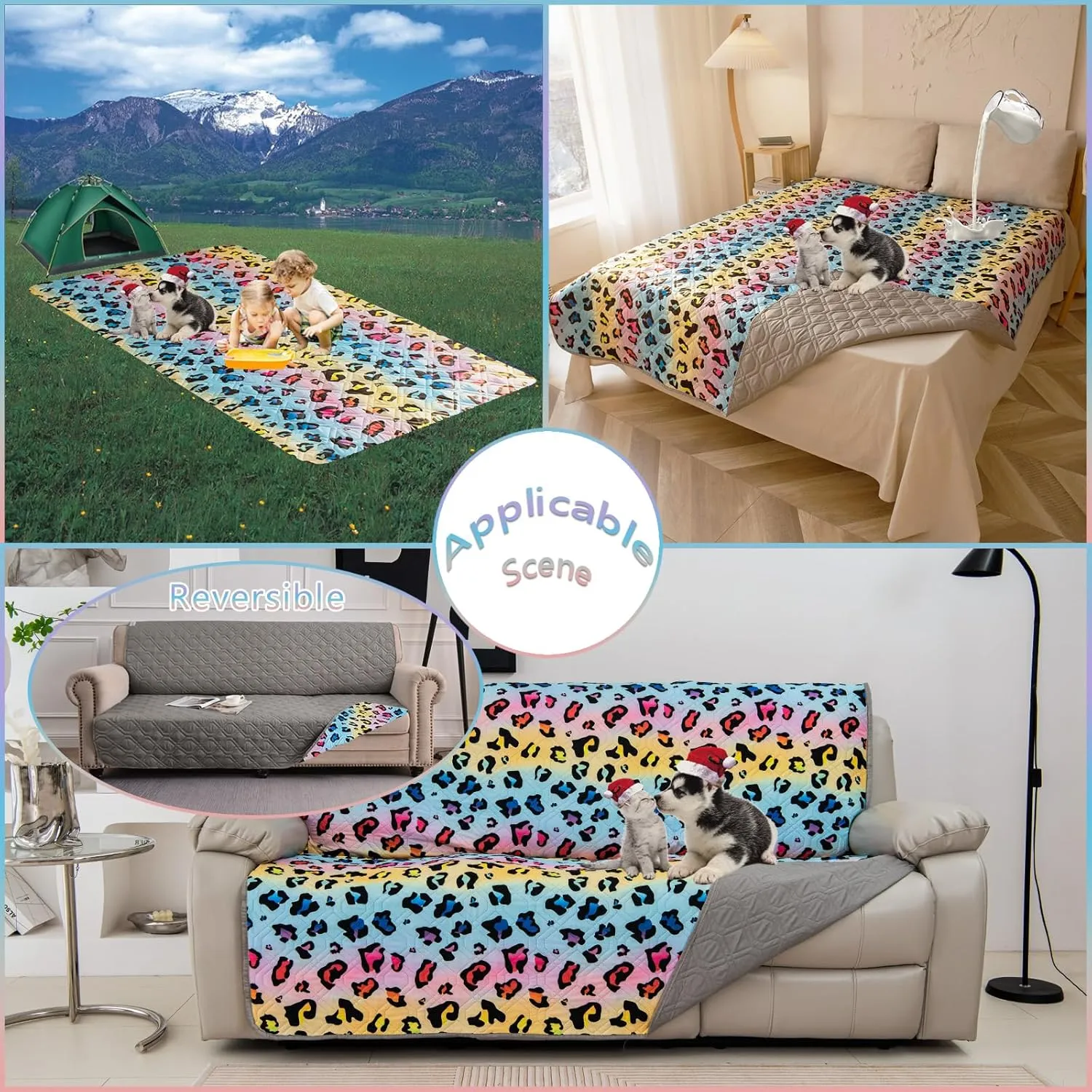 Waterproof Dog Bed Cover 52x82inch Reversible Pad Reusable Camping Mat for Kids/Pet/Dog/Cat Washable Geometric Embroidery Blanket Patchwork Rainbow Leopard Printed Gray
