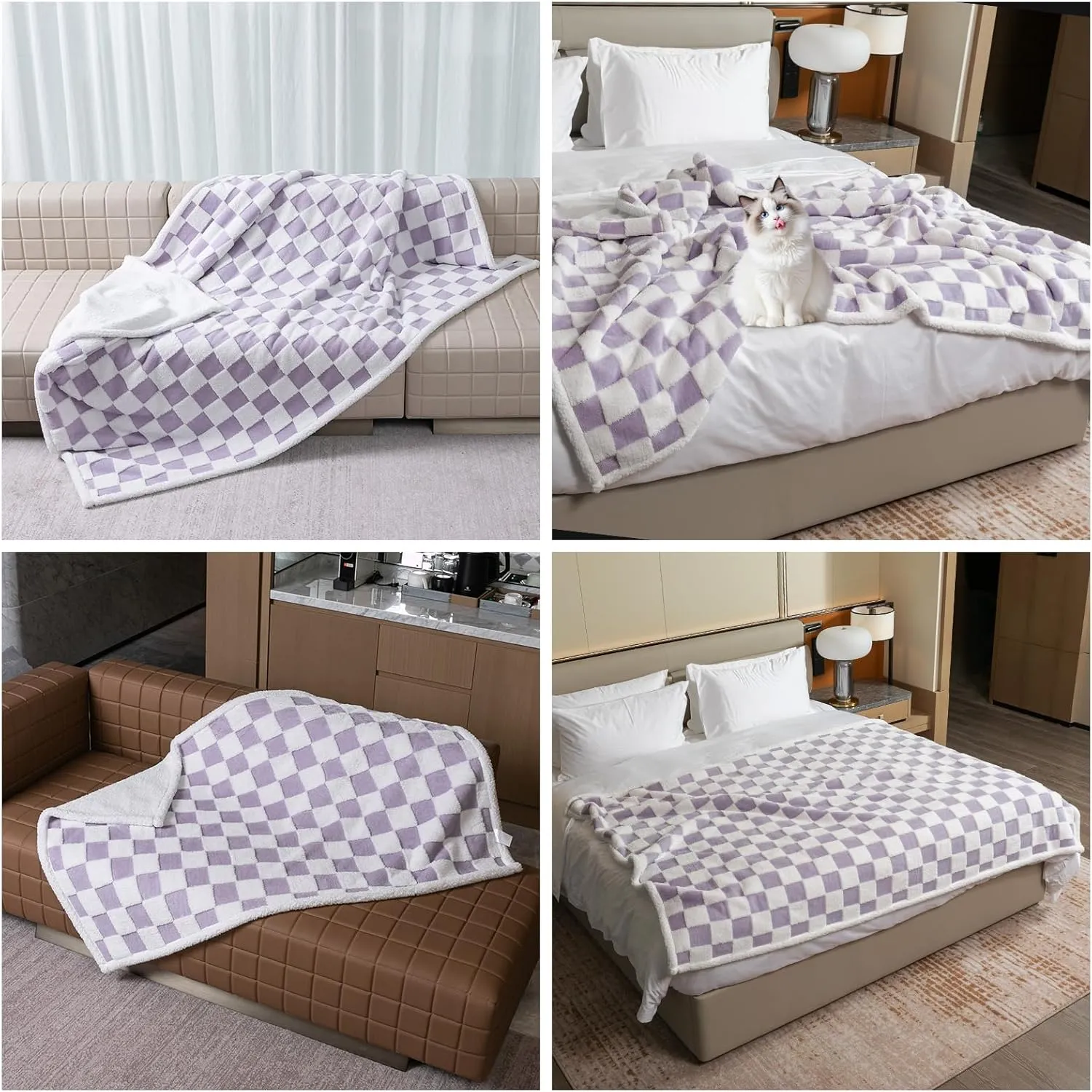 Waterproof Pet Blanket,Purple Checked Dog Blankets for Bed Covers Couch Sofa Stylish Jacquard Pets Throw Blankets for Puppy Cats Washable Reversible Furniture Protection Covers (Purple Check,M)