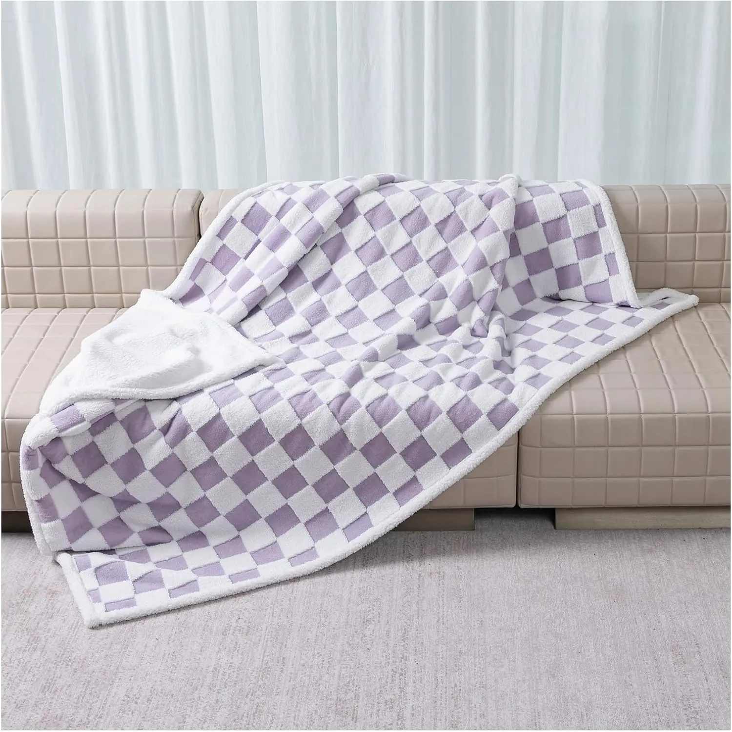 Waterproof Pet Blanket,Purple Checked Dog Blankets for Bed Covers Couch Sofa Stylish Jacquard Pets Throw Blankets for Puppy Cats Washable Reversible Furniture Protection Covers (Purple Check,M)