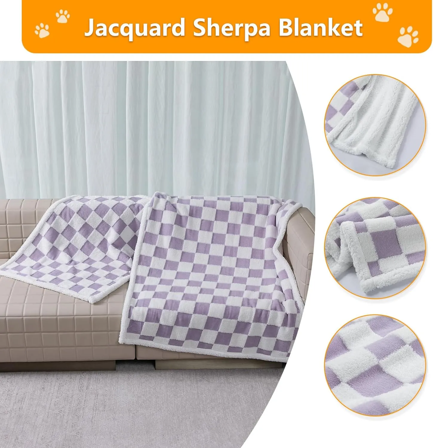 Waterproof Pet Blanket,Purple Checked Dog Blankets for Bed Covers Couch Sofa Stylish Jacquard Pets Throw Blankets for Puppy Cats Washable Reversible Furniture Protection Covers (Purple Check,M)