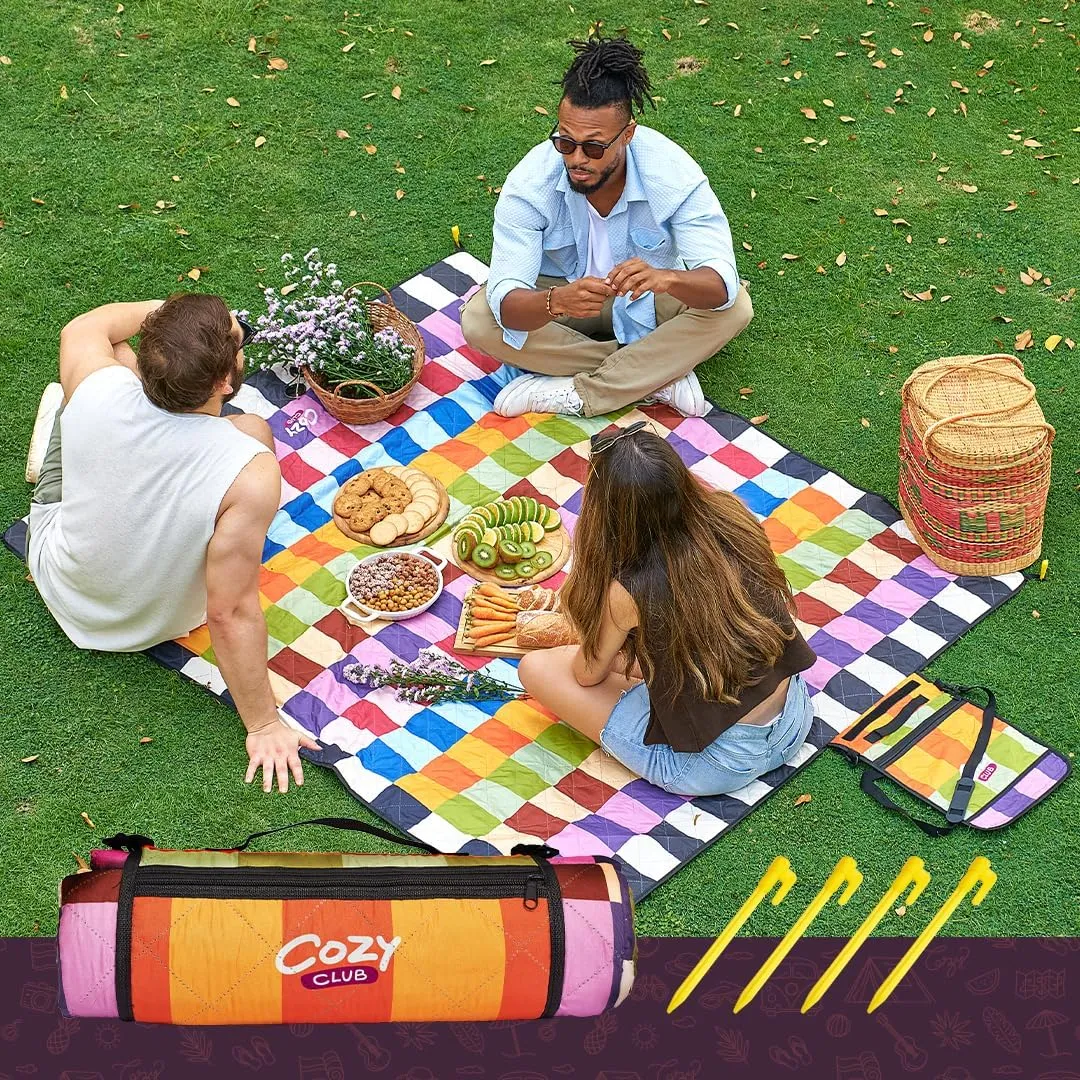 Waterproof Picnic Blanket 70x60 Inches Foldable Outdoor Mat with Pocket, Stakes & Shoulder Strap | Sandproof, Durable & Portable for Beach, Camping, Sporting Events & Travel