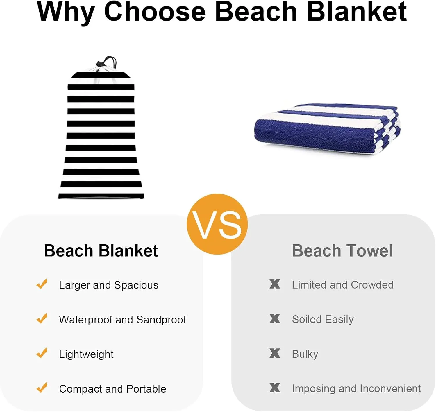 Waterproof Sandproof Beach Blanket, 78''×86'' Large Outdoor Picnic Blanket for 4 Adults, Compact Beach Mat Sand Free for Travel, Camping, Beach Accessories Essentials for Vacation-Black & White Stripe