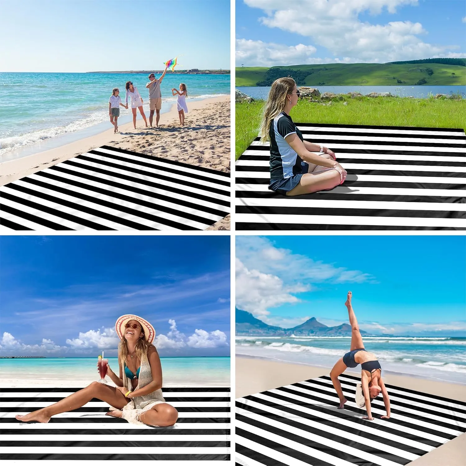 Waterproof Sandproof Beach Blanket, 78''×86'' Large Outdoor Picnic Blanket for 4 Adults, Compact Beach Mat Sand Free for Travel, Camping, Beach Accessories Essentials for Vacation-Black & White Stripe