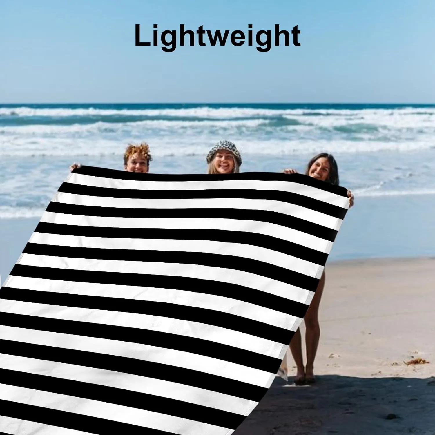 Waterproof Sandproof Beach Blanket, 78''×86'' Large Outdoor Picnic Blanket for 4 Adults, Compact Beach Mat Sand Free for Travel, Camping, Beach Accessories Essentials for Vacation-Black & White Stripe