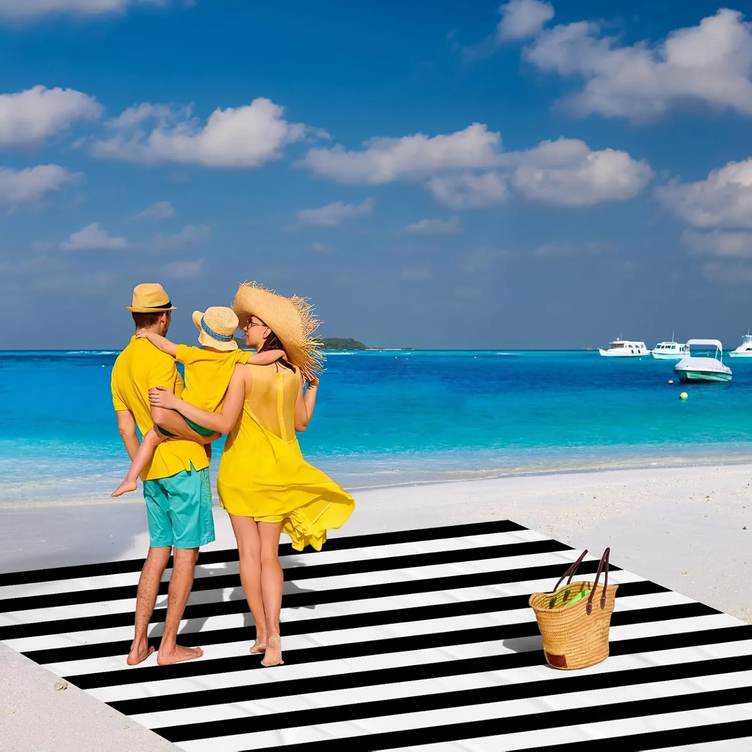 Waterproof Sandproof Beach Blanket, 78''×86'' Large Outdoor Picnic Blanket for 4 Adults, Compact Beach Mat Sand Free for Travel, Camping, Beach Accessories Essentials for Vacation-Black & White Stripe