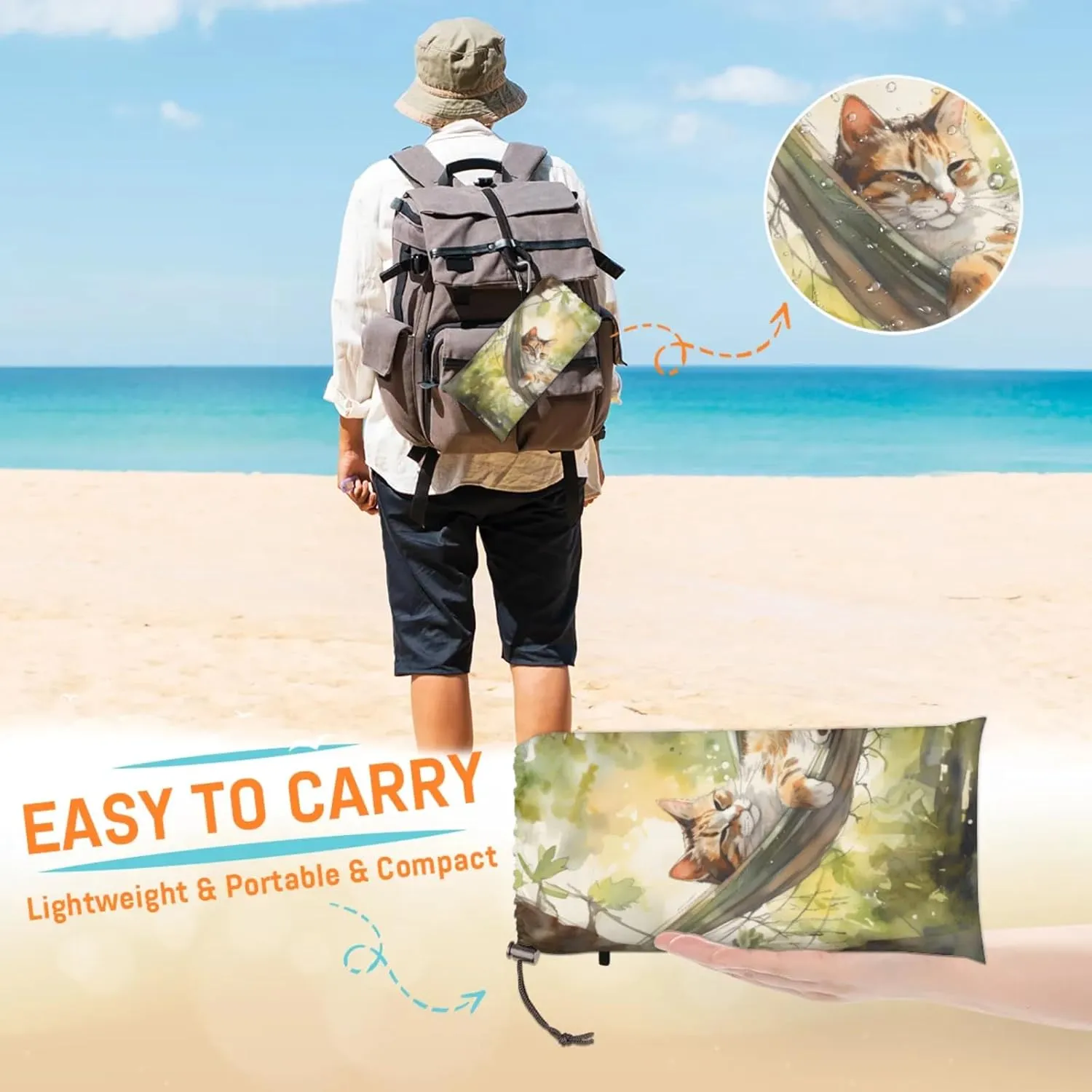 Waterproof Sandproof Beach Blanket with 4 Stakes Colorful Cat Hammock Outdoor Foldable Picnic Mat for Camping Hiking Music Festivals Quick Drying Cute Couple Gifts 68x59 in