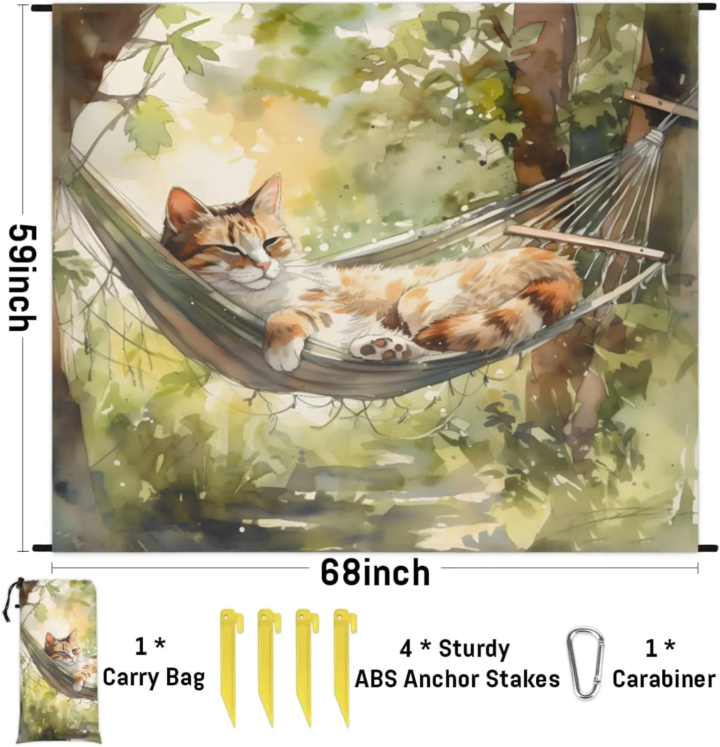 Waterproof Sandproof Beach Blanket with 4 Stakes Colorful Cat Hammock Outdoor Foldable Picnic Mat for Camping Hiking Music Festivals Quick Drying Cute Couple Gifts 68x59 in
