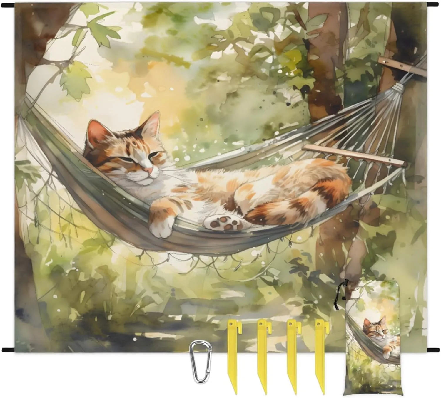 Waterproof Sandproof Beach Blanket with 4 Stakes Colorful Cat Hammock Outdoor Foldable Picnic Mat for Camping Hiking Music Festivals Quick Drying Cute Couple Gifts 68x59 in