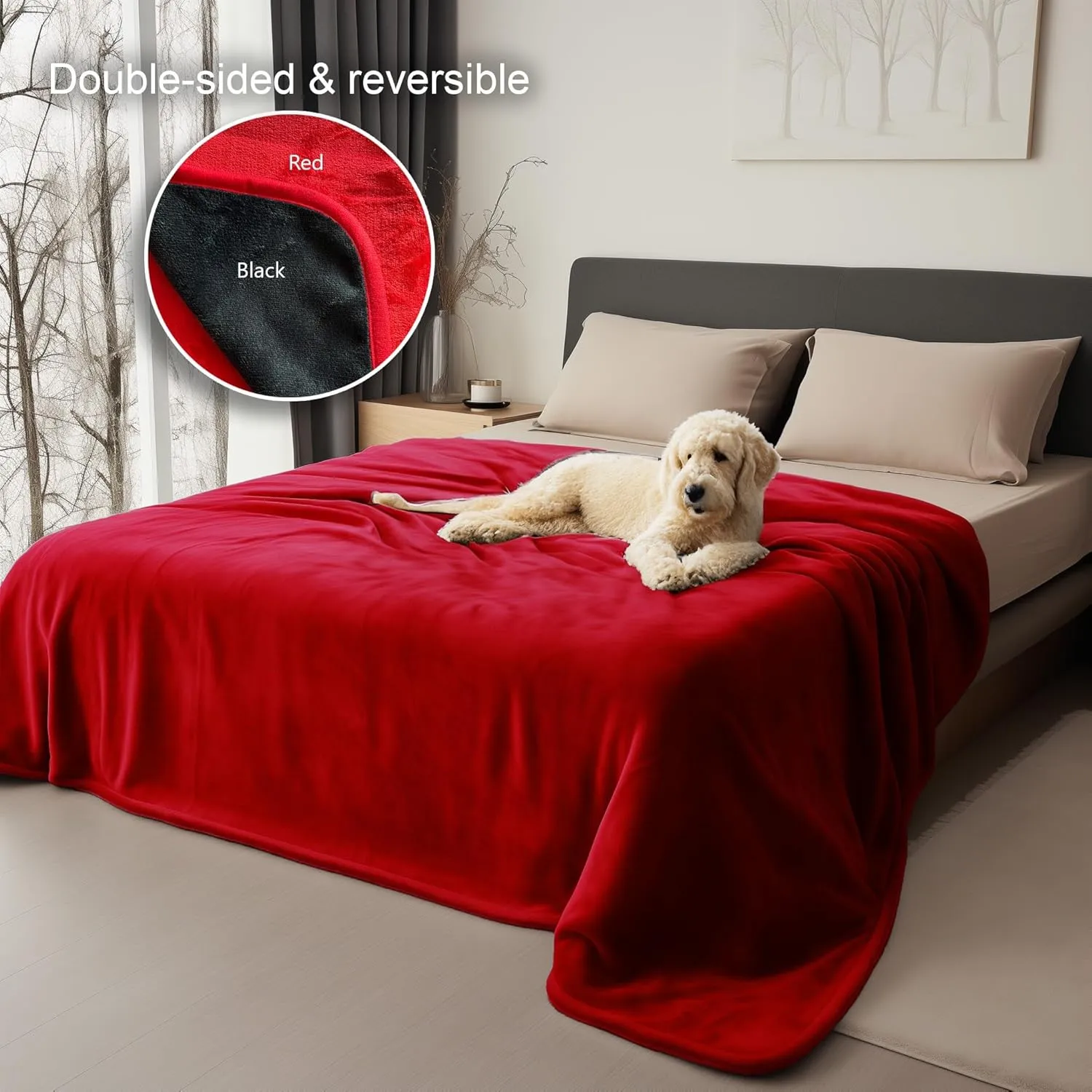 Waterproof Throw Blanket for Bed - Stain Proof, Water Proof, Leakproof, Spill-Proof & Mess-Free Design, Double-Sided Flannel (Passion Red & Midnight Black, 40x60)