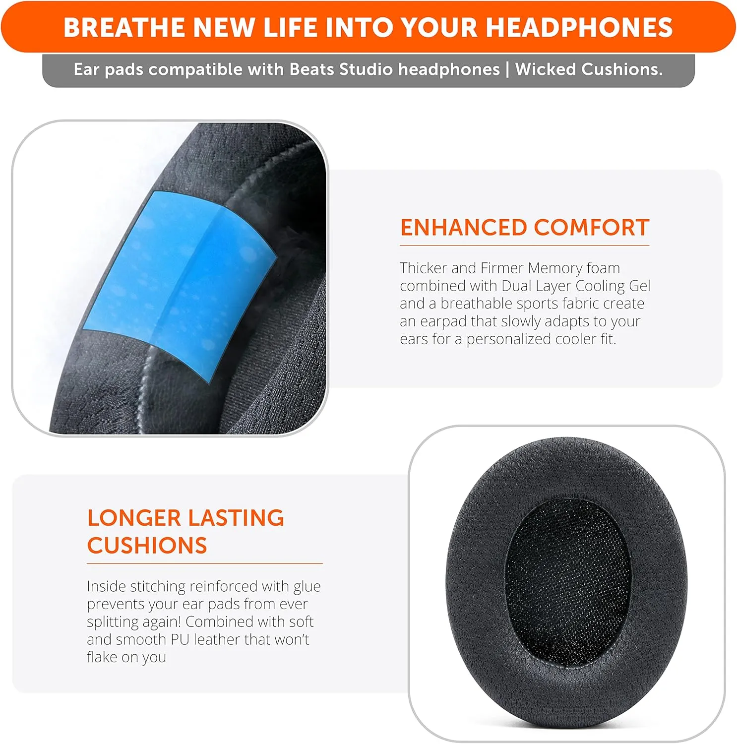 WC Freeze Studio - Cooling Gel Ear Pads for Beats Studio 2 & 3 (B0501, B0500) Wired & Wireless | Does NOT Fit Beats Solo | Enhanced Foam, Stronger Adhesive, Cooler for Longer | Black