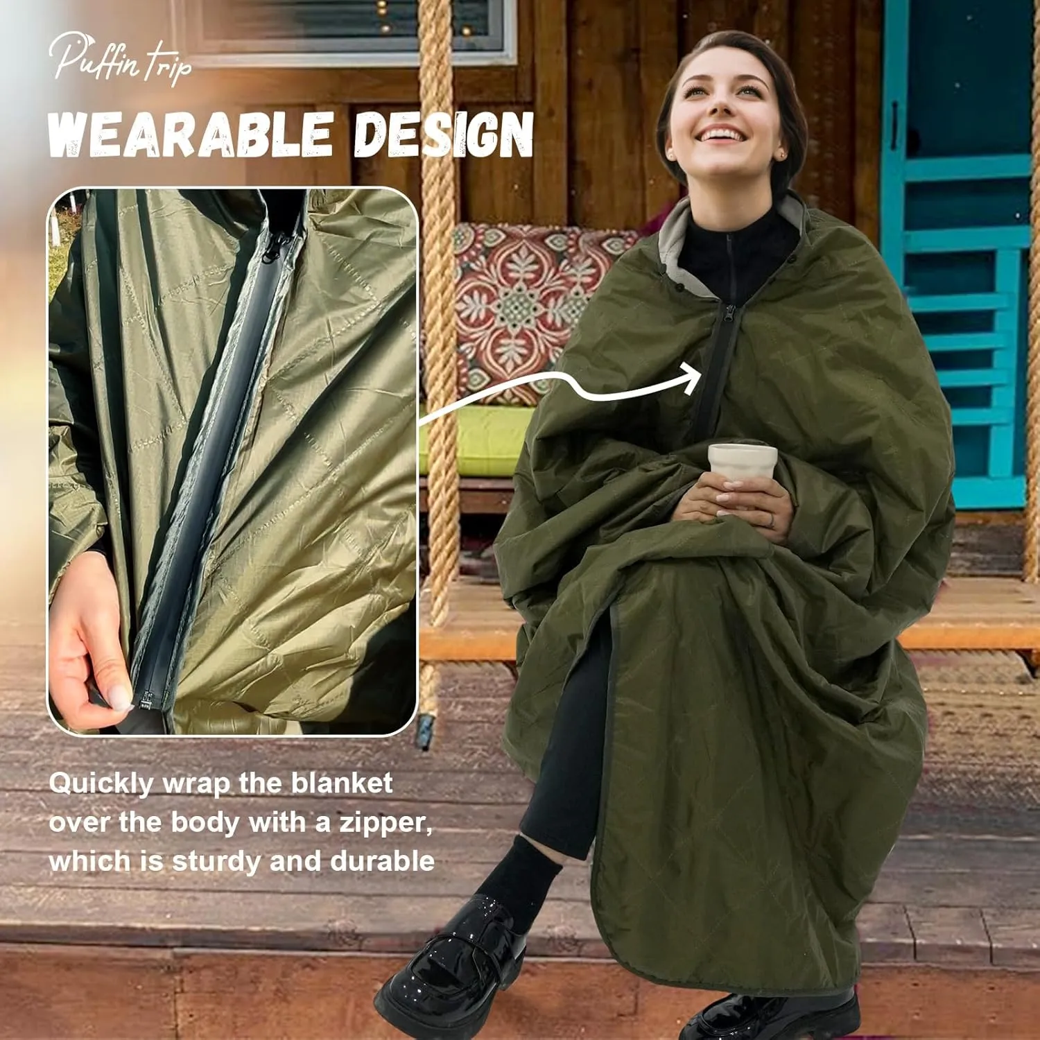 Wearable Warm Camping Blanket Waterproof Windproof Quilted Fleece Stadium Blanket with Portable Bag for Cold Weather Outdoor Camping Picnic Sports Pet Beach Travel Car 79x55 inches Olive Green