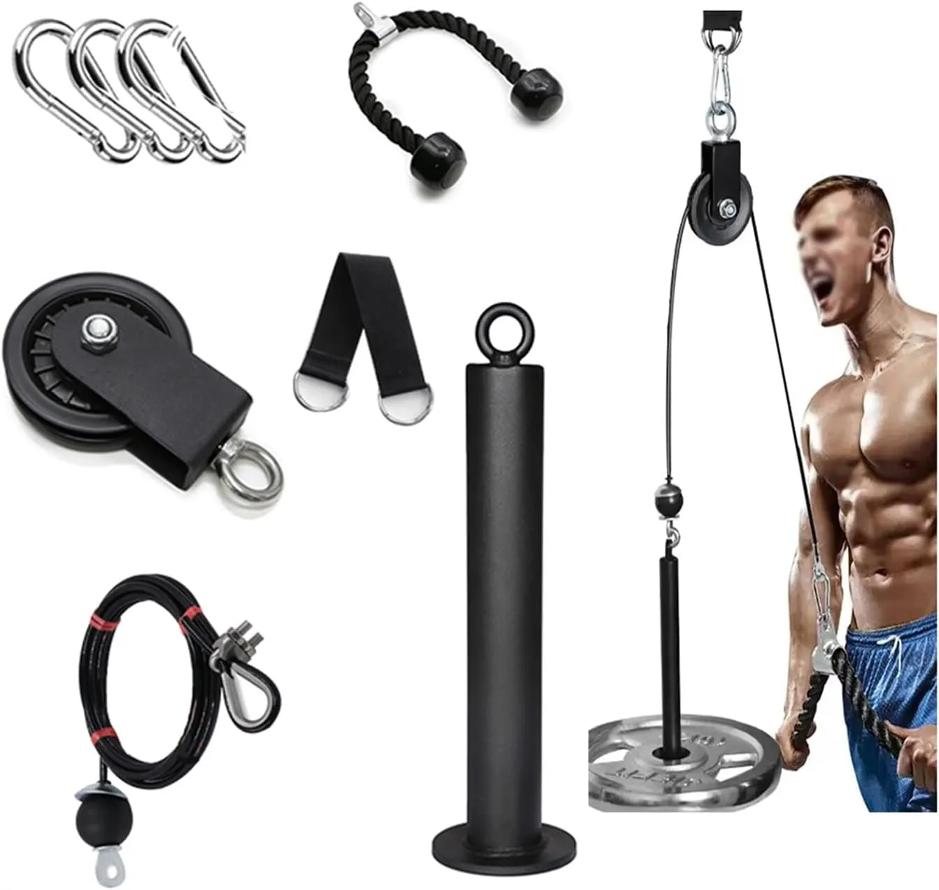Weight Cable Pulley System Gym LAT Pull Down Cable Machine Attachments, Loading Pin, Handle and Tricep Rope, for Comprehensive Fitness Training