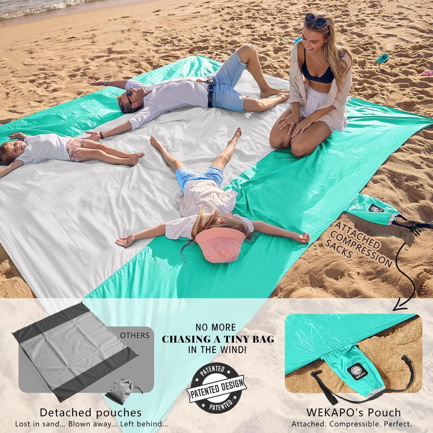 WEKAPO Beach Blanket Sandproof Waterproof, Extra Large Beach Mat, Oversized & Compact Sand Free Mat Quick Drying, Lightweight & Durable with 6 Stakes & 4 Corner Pockets