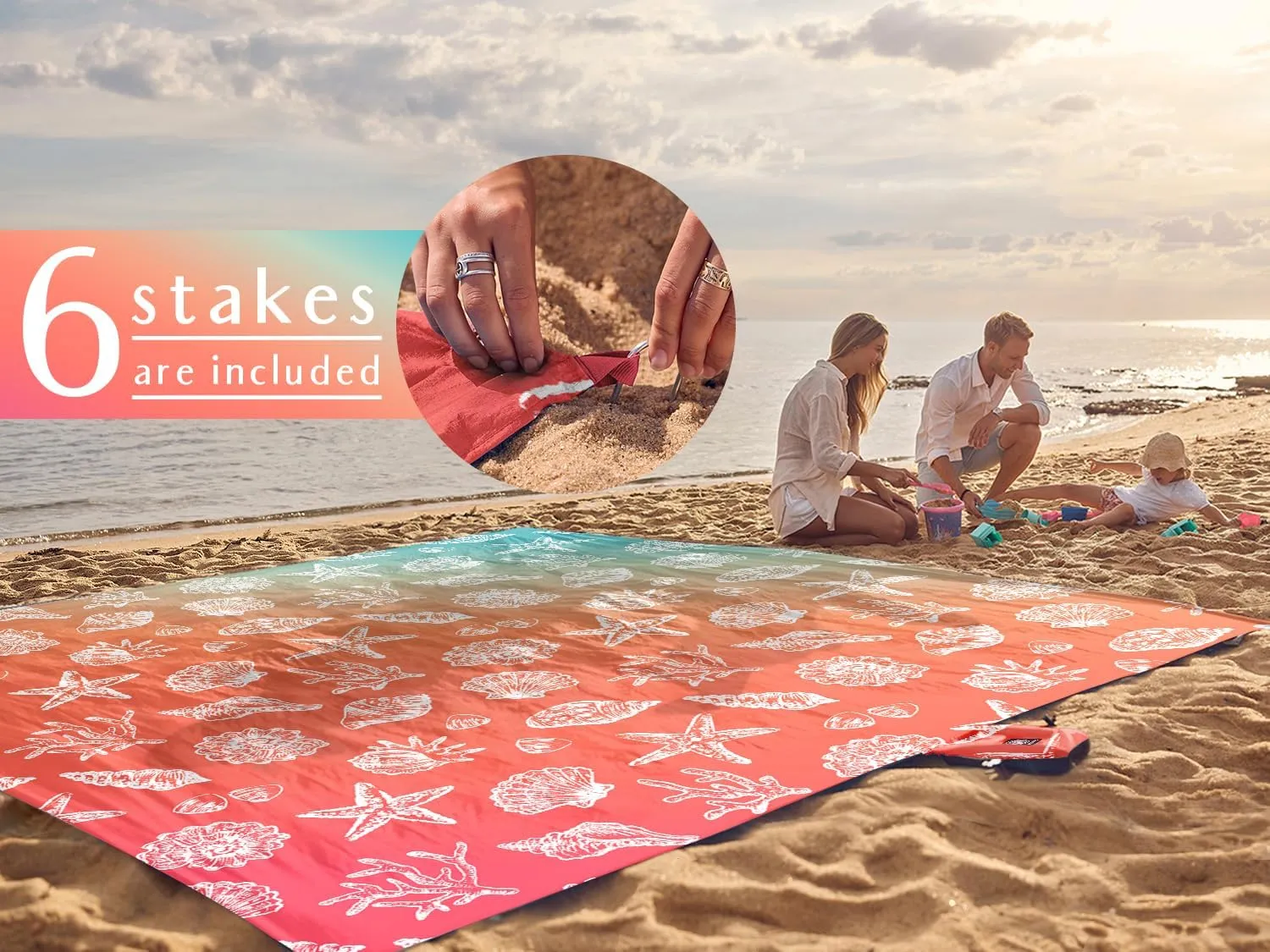 WEKAPO Beach Blanket Waterproof Sandproof & Sand-Free Beach Mat with Stakes & Built-in Storage Bag – Oversized, Extra Large, Perfect for Outdoor (Coral Sea Shells, 9 X 8 FT (1~6 Person))