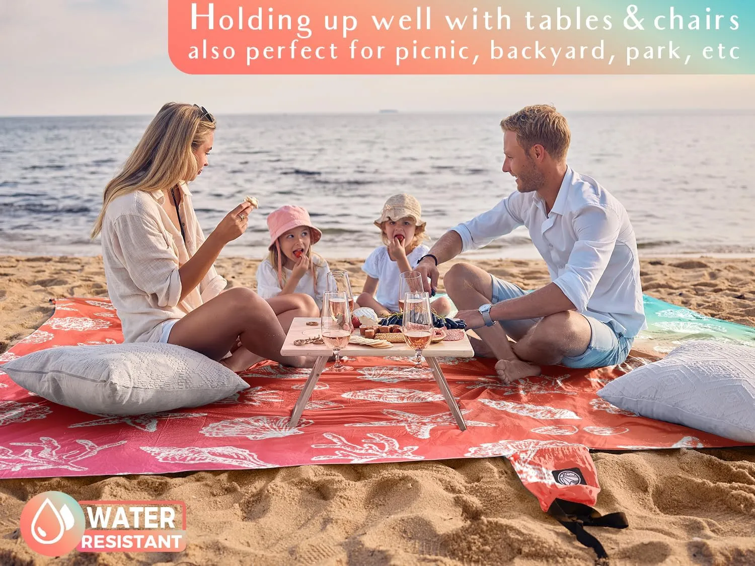 WEKAPO Beach Blanket Waterproof Sandproof & Sand-Free Beach Mat with Stakes & Built-in Storage Bag – Oversized, Extra Large, Perfect for Outdoor (Coral Sea Shells, 9 X 8 FT (1~6 Person))