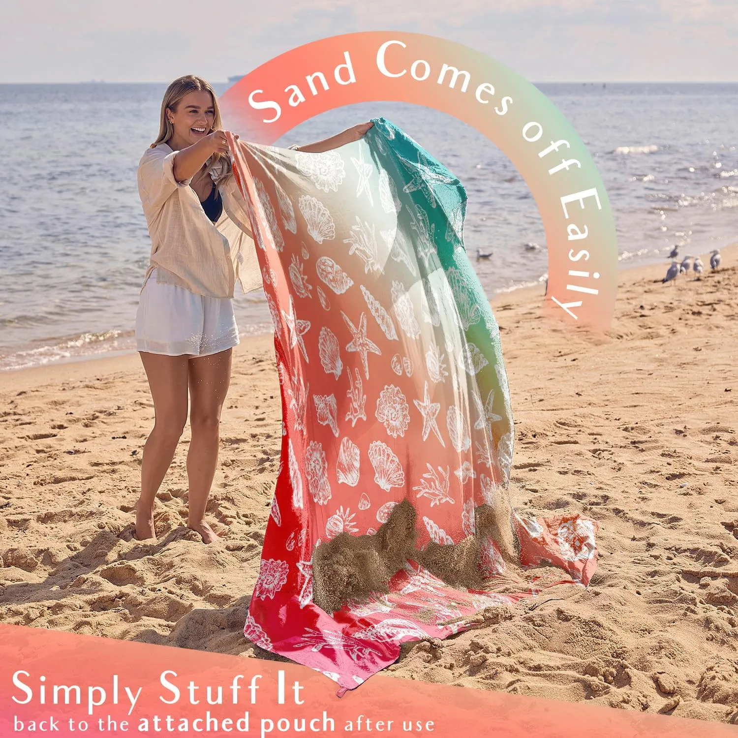 WEKAPO Beach Blanket Waterproof Sandproof & Sand-Free Beach Mat with Stakes & Built-in Storage Bag – Oversized, Extra Large, Perfect for Outdoor (Coral Sea Shells, 9 X 8 FT (1~6 Person))