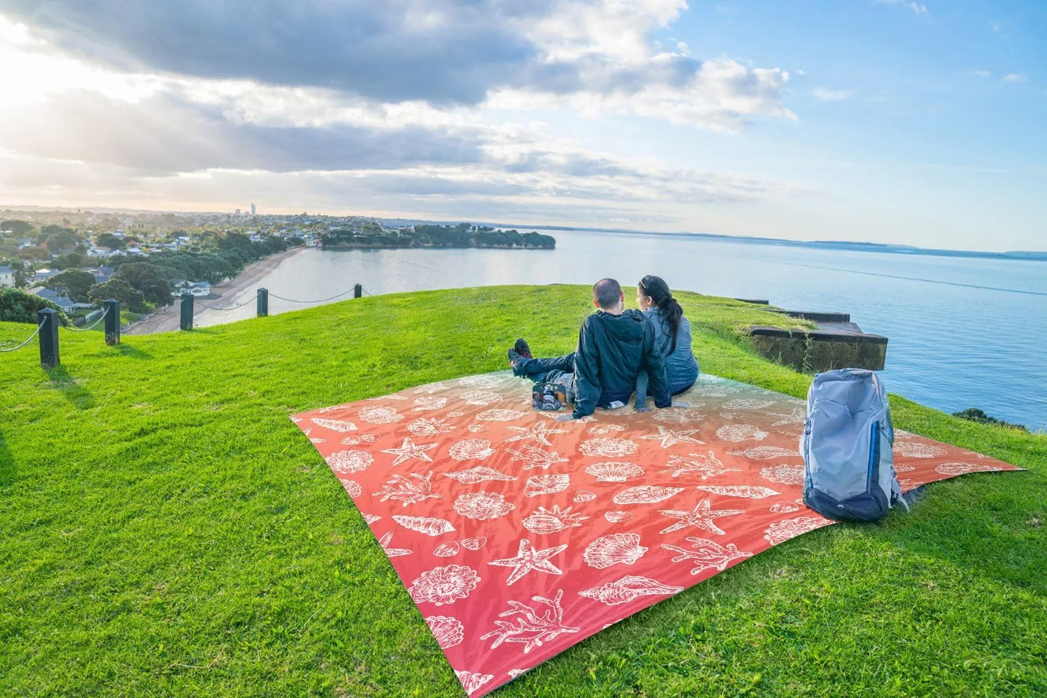 WEKAPO Beach Blanket Waterproof Sandproof & Sand-Free Beach Mat with Stakes & Built-in Storage Bag – Oversized, Extra Large, Perfect for Outdoor (Coral Sea Shells, 9 X 8 FT (1~6 Person))