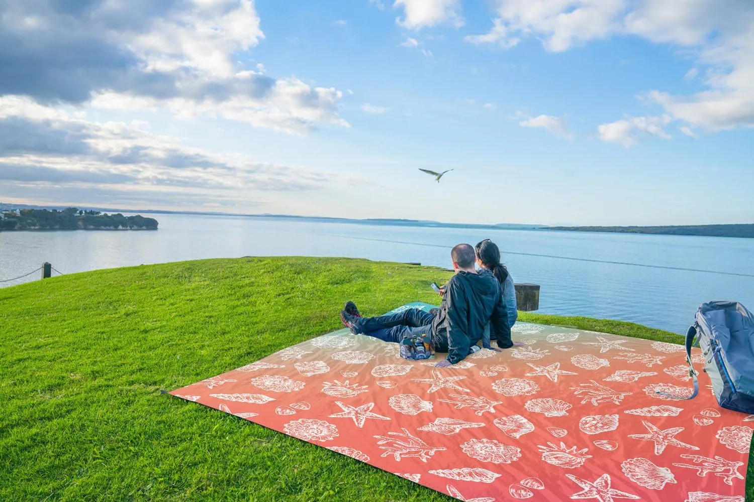WEKAPO Beach Blanket Waterproof Sandproof & Sand-Free Beach Mat with Stakes & Built-in Storage Bag – Oversized, Extra Large, Perfect for Outdoor (Coral Sea Shells, 9 X 8 FT (1~6 Person))