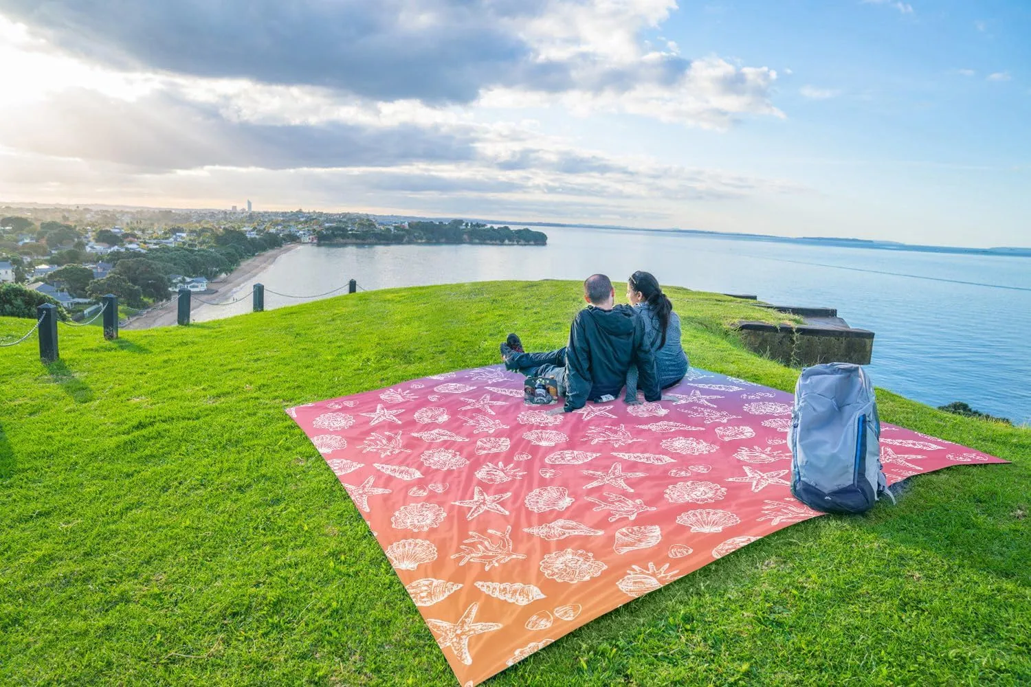 WEKAPO Beach Blanket Waterproof Sandproof & Sand-Free Beach Mat with Stakes & Built-in Storage Bag – Oversized, Extra Large, Perfect for Outdoor (Pinkish Purple Sea Shells, 11 X 9 FT (1~10 Person))