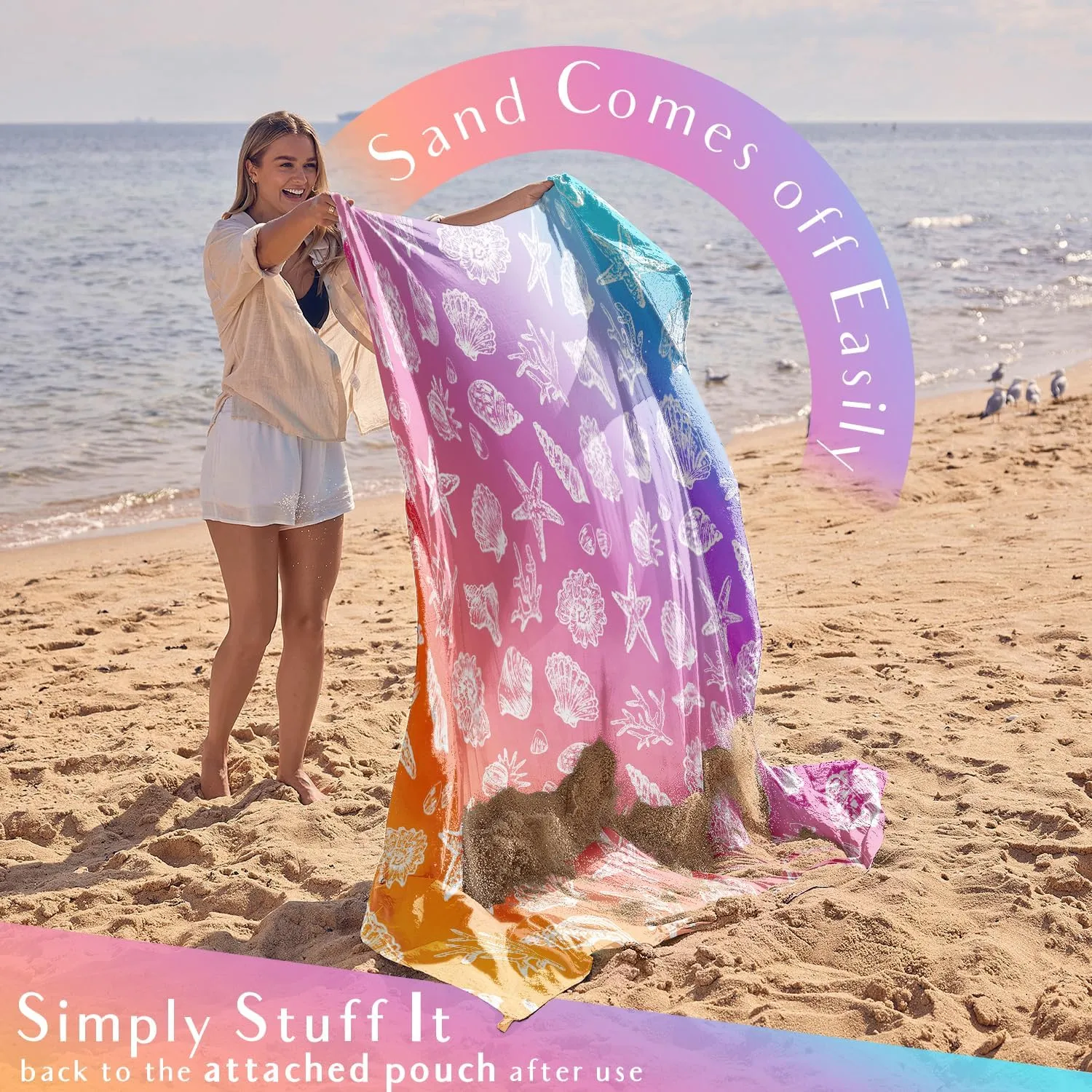 WEKAPO Beach Blanket Waterproof Sandproof & Sand-Free Beach Mat with Stakes & Built-in Storage Bag – Oversized, Extra Large, Perfect for Outdoor (Pinkish Purple Sea Shells, 11 X 9 FT (1~10 Person))