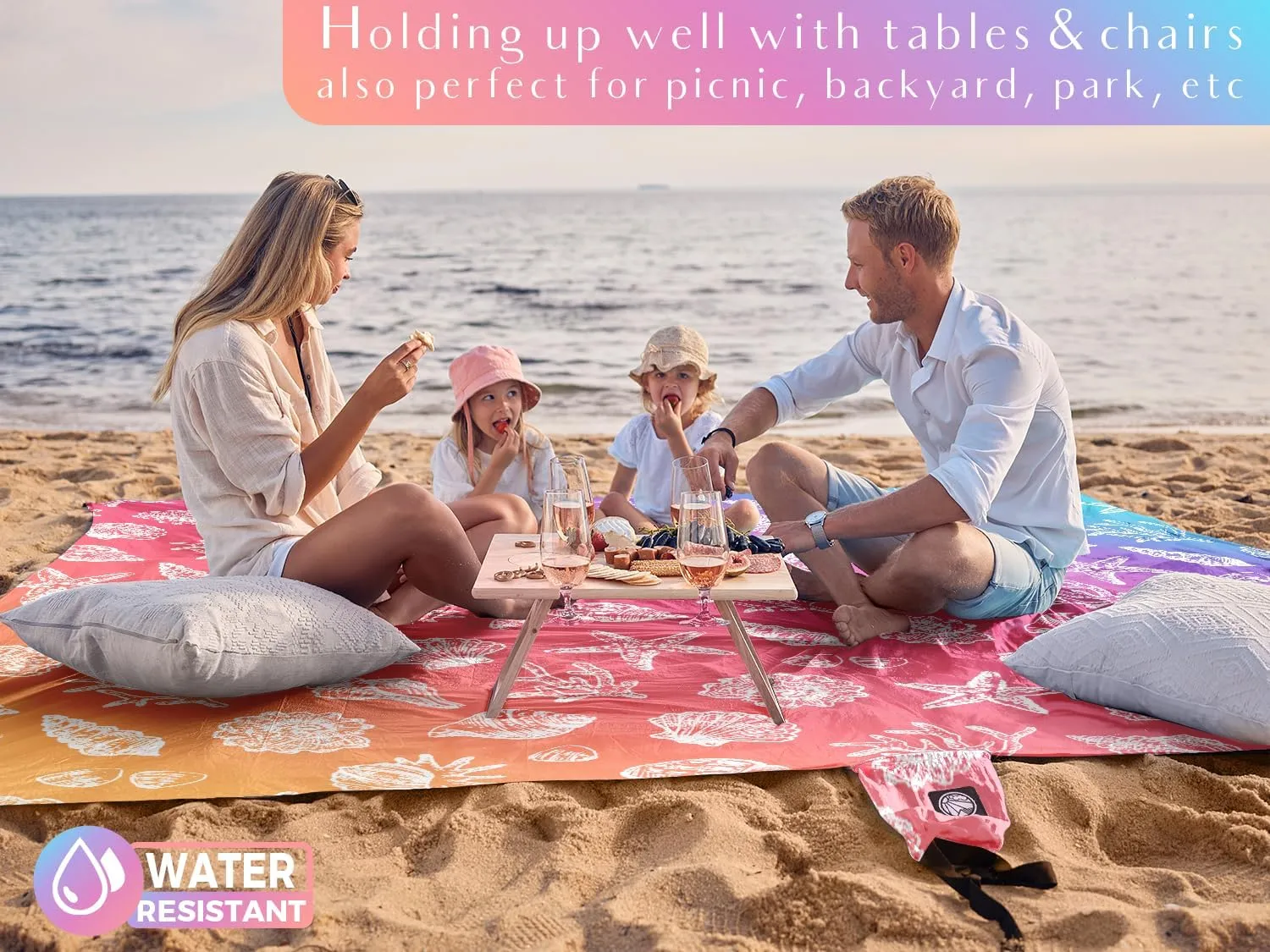 WEKAPO Beach Blanket Waterproof Sandproof & Sand-Free Beach Mat with Stakes & Built-in Storage Bag – Oversized, Extra Large, Perfect for Outdoor (Pinkish Purple Sea Shells, 11 X 9 FT (1~10 Person))
