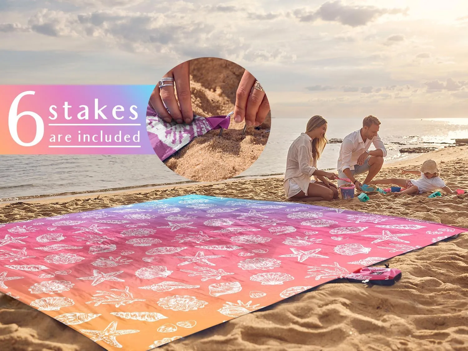 WEKAPO Beach Blanket Waterproof Sandproof & Sand-Free Beach Mat with Stakes & Built-in Storage Bag – Oversized, Extra Large, Perfect for Outdoor (Pinkish Purple Sea Shells, 9 X 8 FT (1~6 Person))