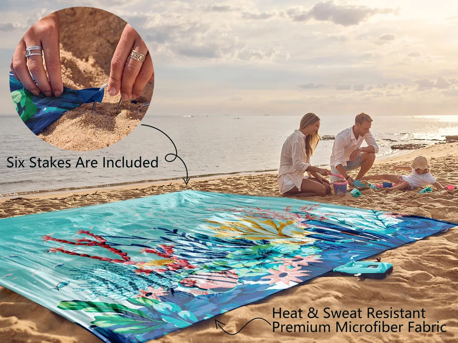 WEKAPO Beach Blanket Waterproof Sandproof Oversized, Extra Large Beach Mat Sand Free, Lightweight & Compact Sand Free Mat with 6 Stakes & 4 Corner Pockets
