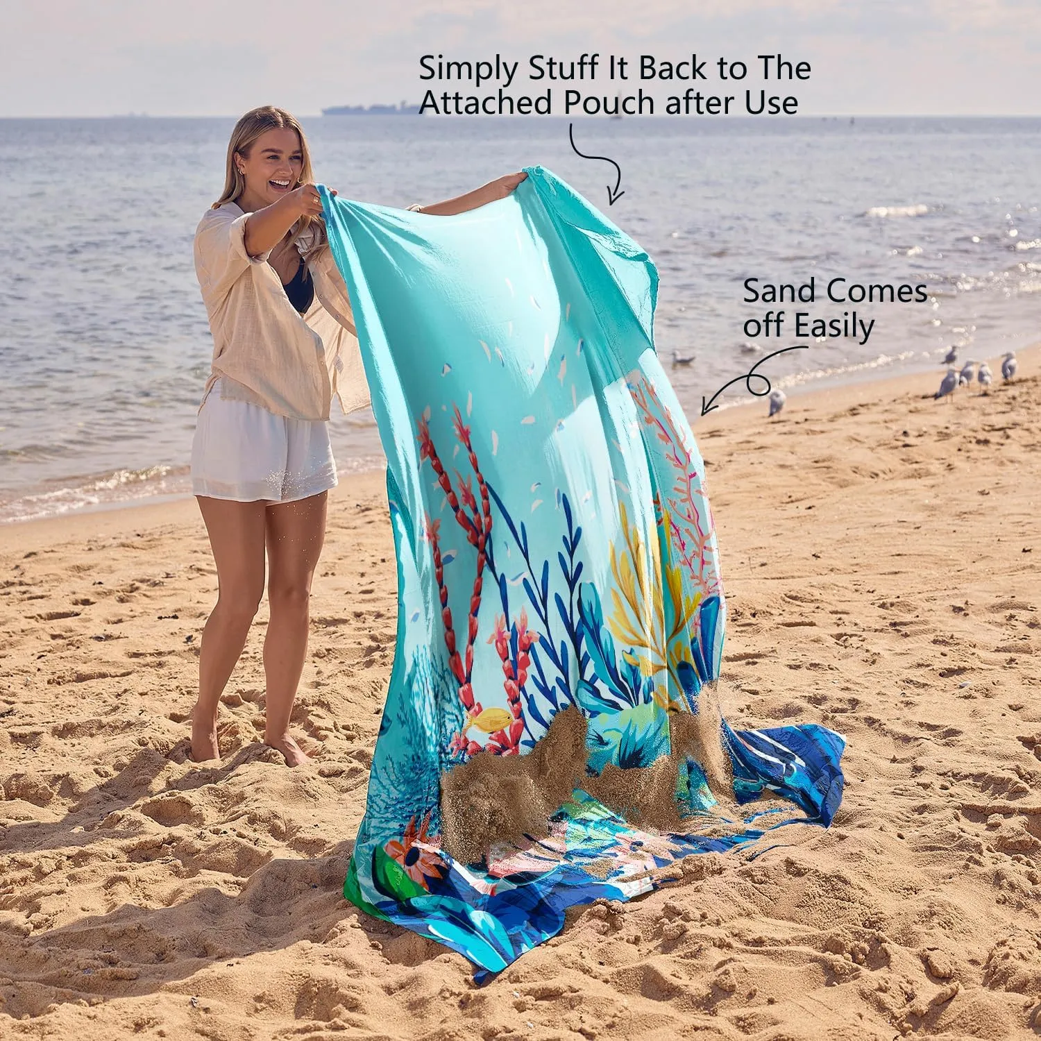 WEKAPO Beach Blanket Waterproof Sandproof Oversized, Extra Large Beach Mat Sand Free, Lightweight & Compact Sand Free Mat with 6 Stakes & 4 Corner Pockets